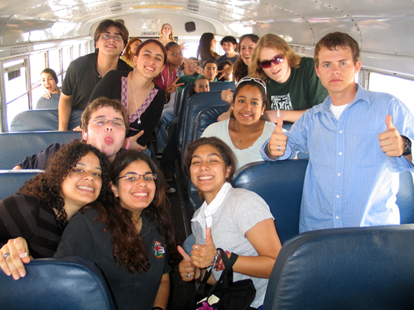 On the bus and heading back to campus, SMSH students give the Big read a thumbs up (2007)